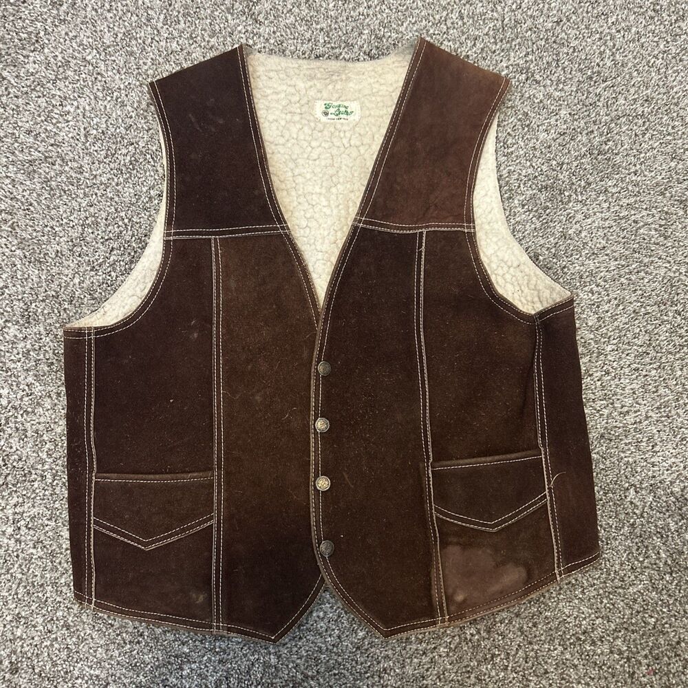 Vtg Suede Vest Mens Medium Brown Sherpa Shearling Lined Western 70's Mexico
